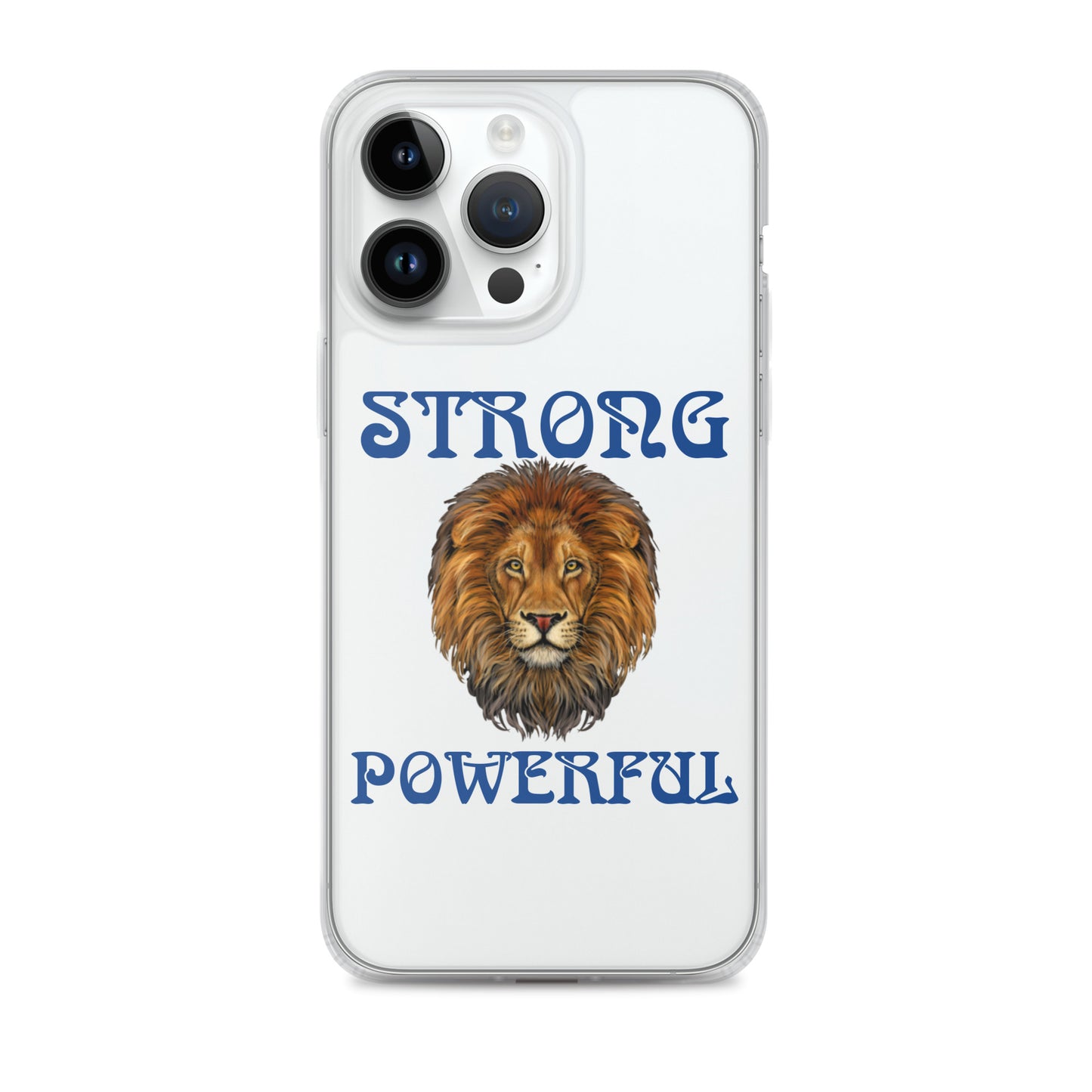 “STRONG,POWERFUL”Clear Case for iPhone® W/Blue Font