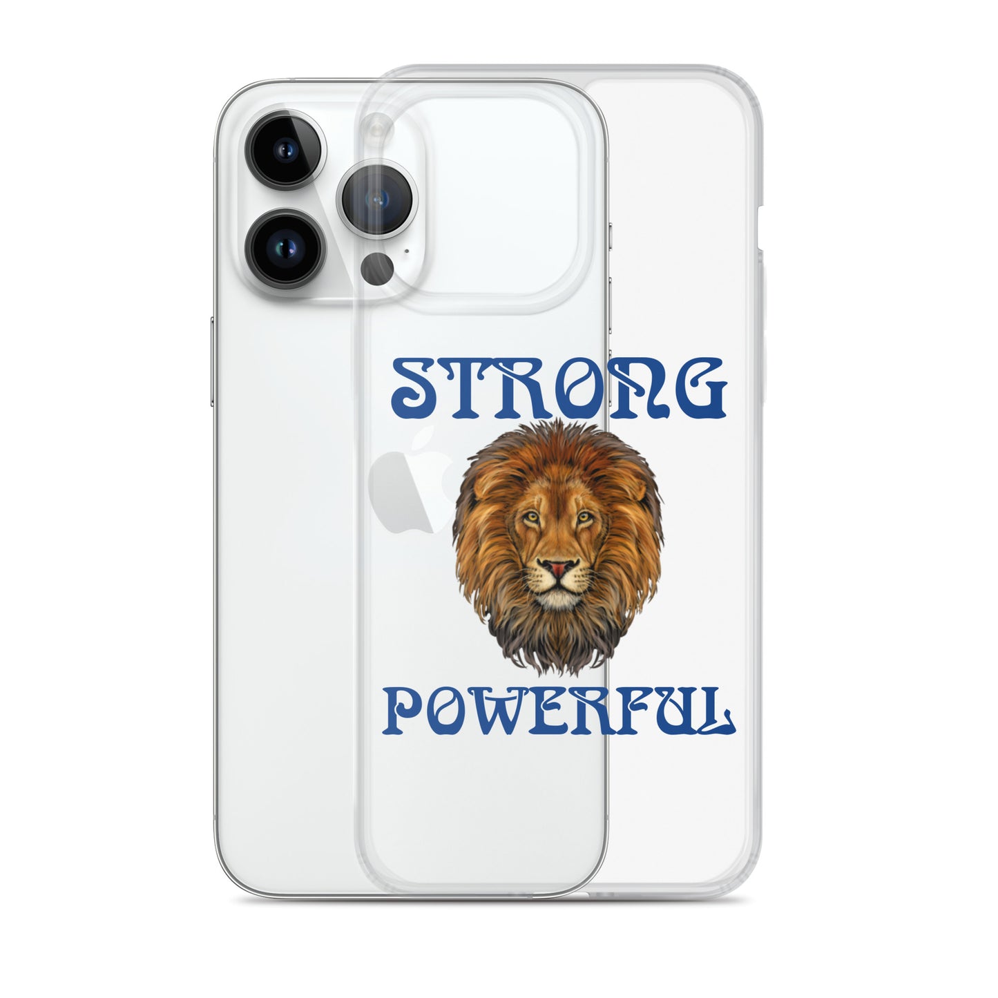 “STRONG,POWERFUL”Clear Case for iPhone® W/Blue Font