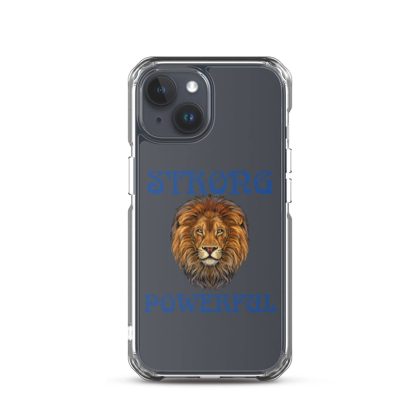 “STRONG,POWERFUL”Clear Case for iPhone® W/Blue Font