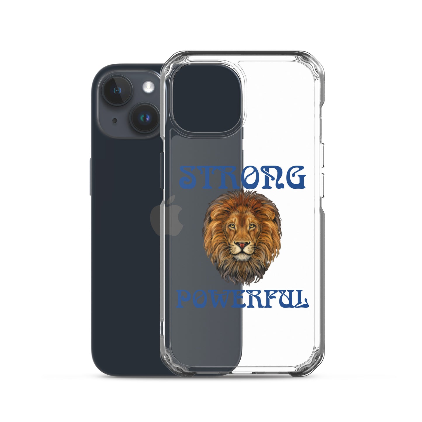 “STRONG,POWERFUL”Clear Case for iPhone® W/Blue Font