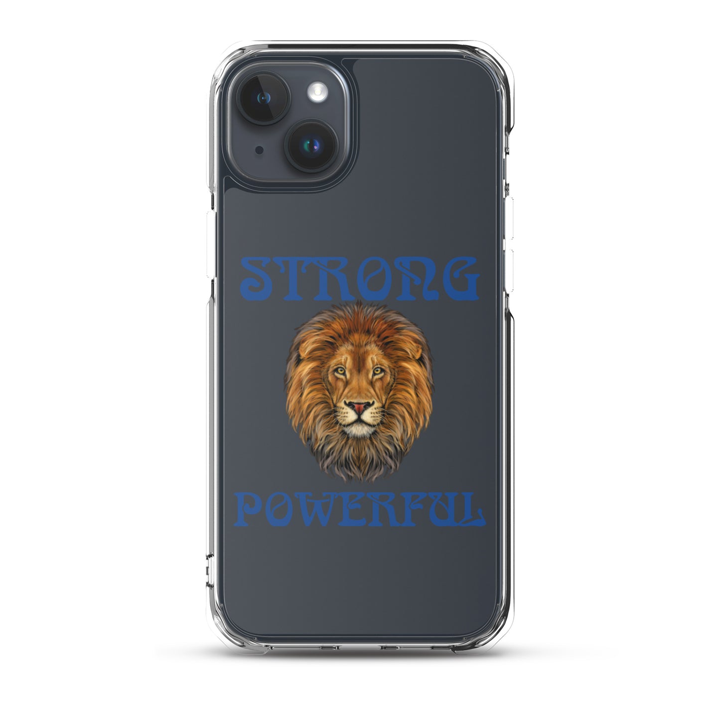 “STRONG,POWERFUL”Clear Case for iPhone® W/Blue Font