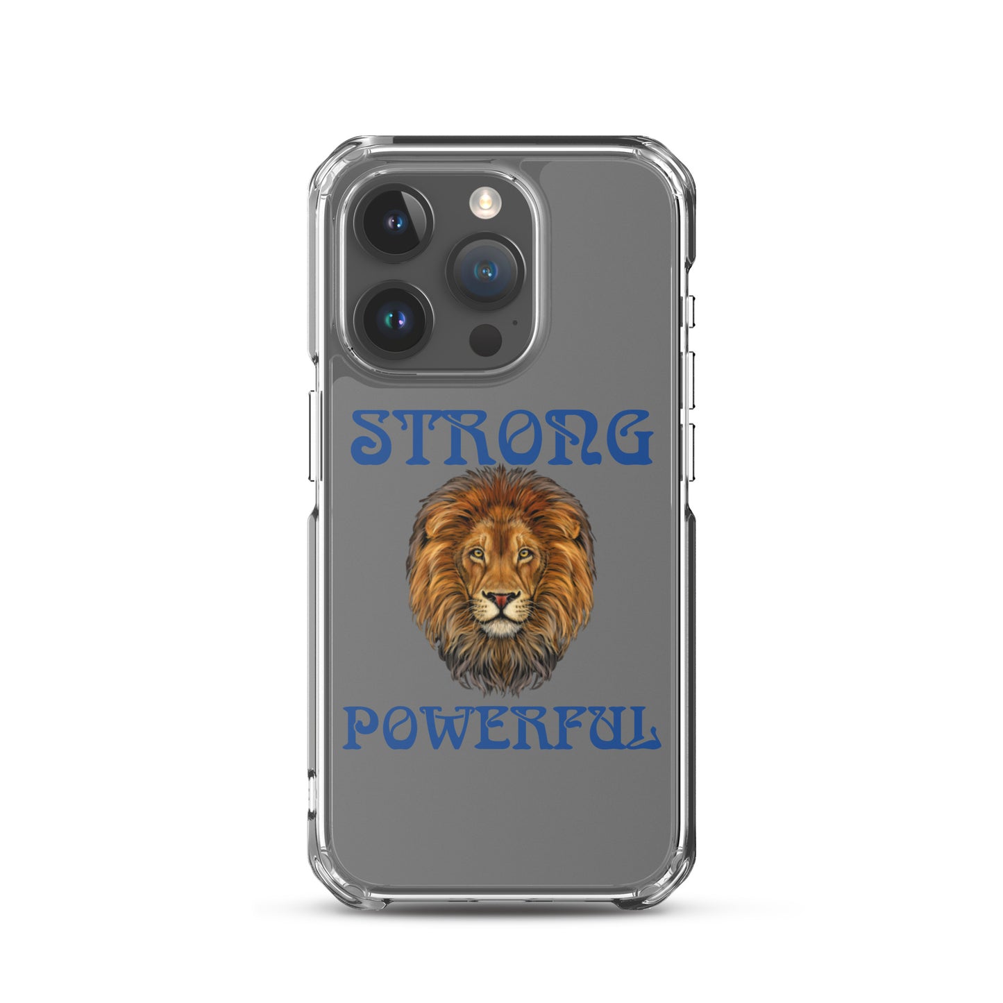 “STRONG,POWERFUL”Clear Case for iPhone® W/Blue Font