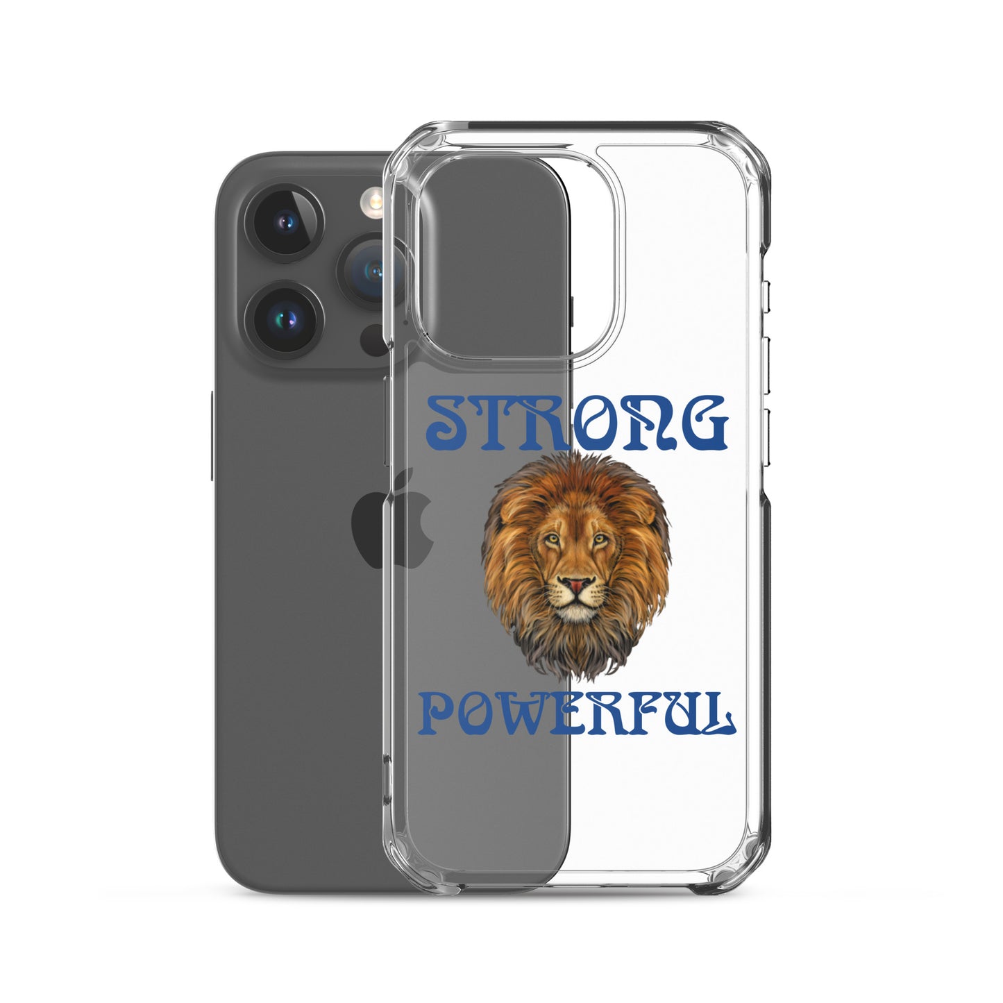 “STRONG,POWERFUL”Clear Case for iPhone® W/Blue Font