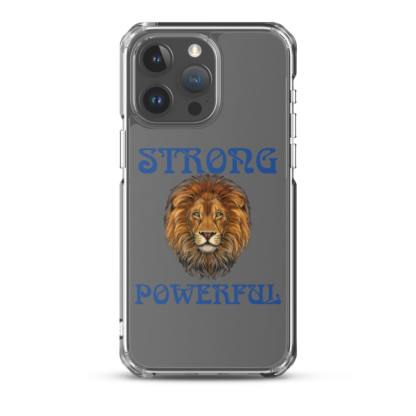 “STRONG,POWERFUL”Clear Case for iPhone® W/Blue Font