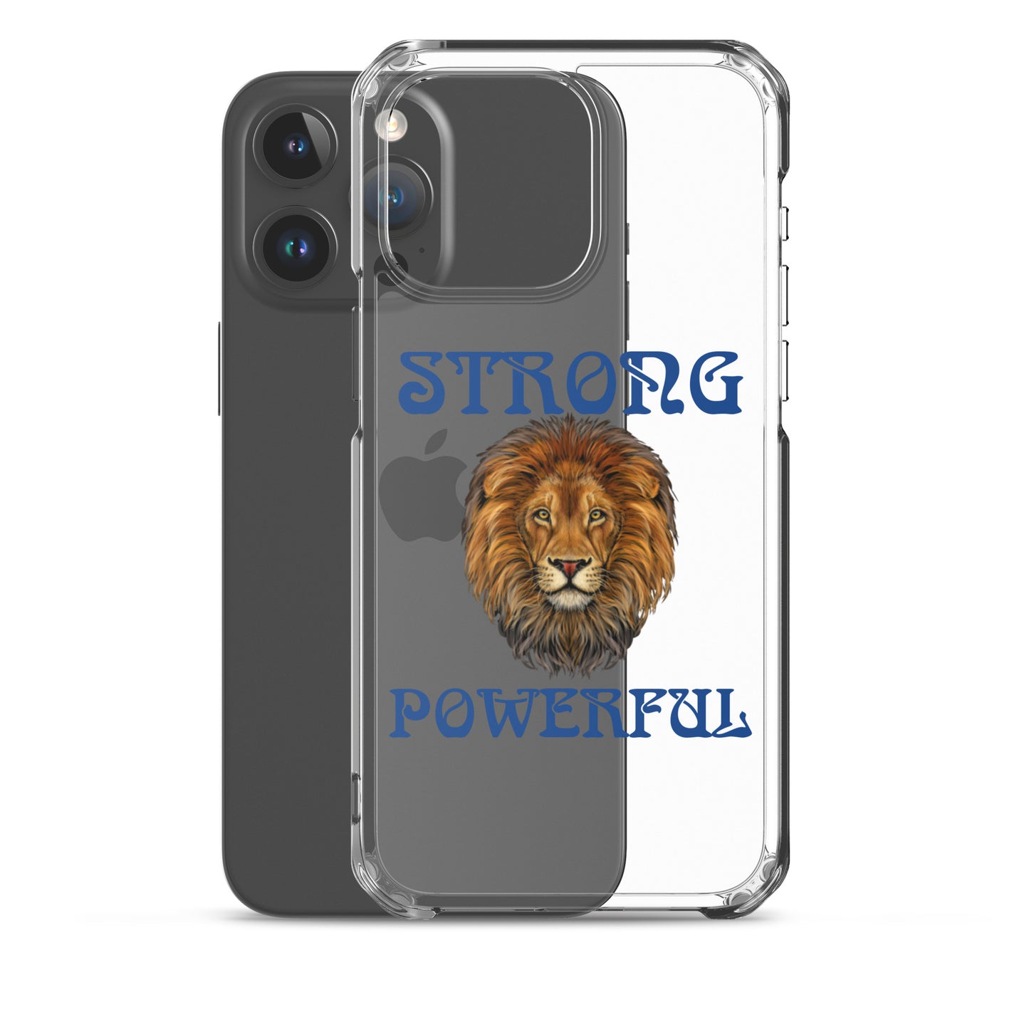 “STRONG,POWERFUL”Clear Case for iPhone® W/Blue Font