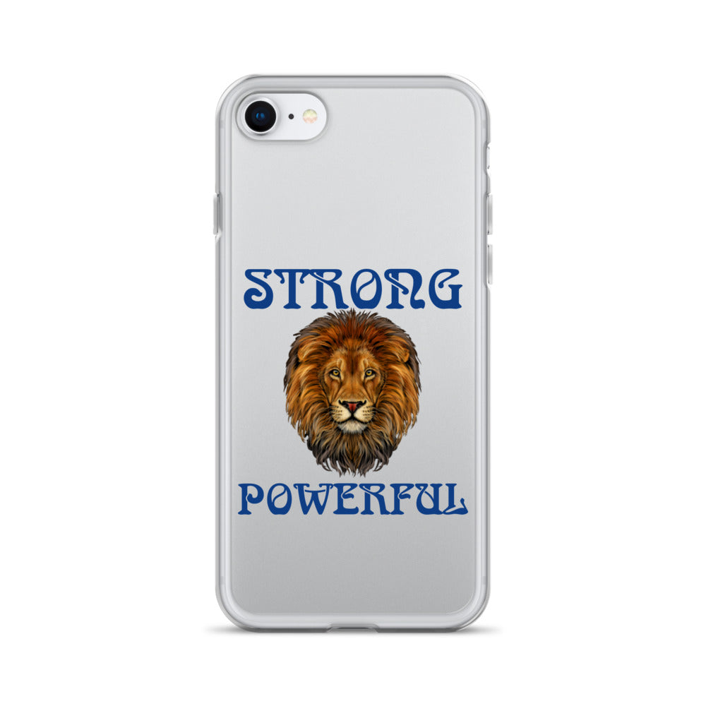 “STRONG,POWERFUL”Clear Case for iPhone® W/Blue Font