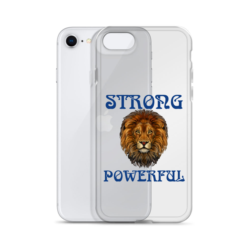 “STRONG,POWERFUL”Clear Case for iPhone® W/Blue Font