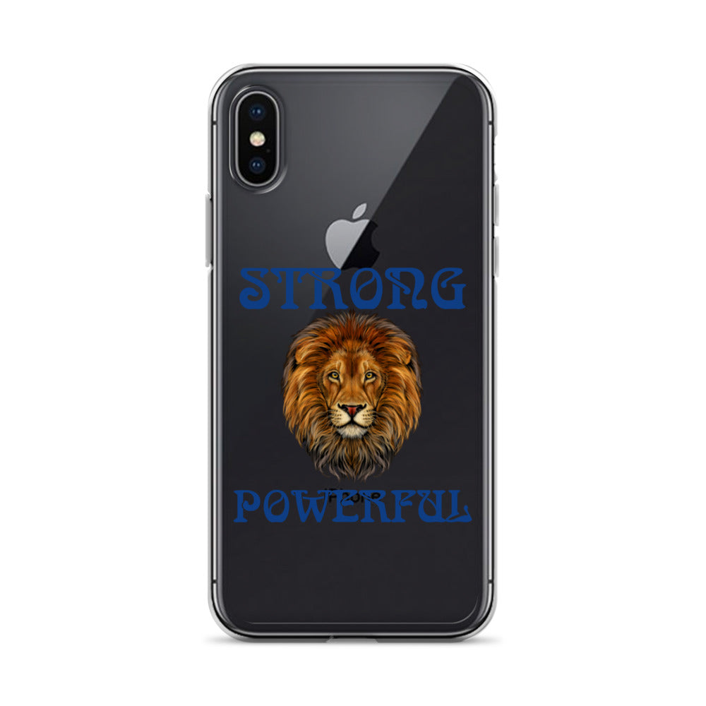 “STRONG,POWERFUL”Clear Case for iPhone® W/Blue Font