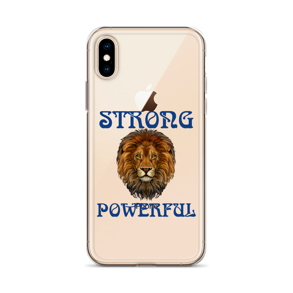 “STRONG,POWERFUL”Clear Case for iPhone® W/Blue Font