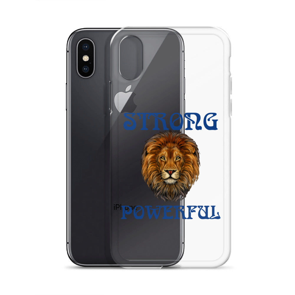 “STRONG,POWERFUL”Clear Case for iPhone® W/Blue Font