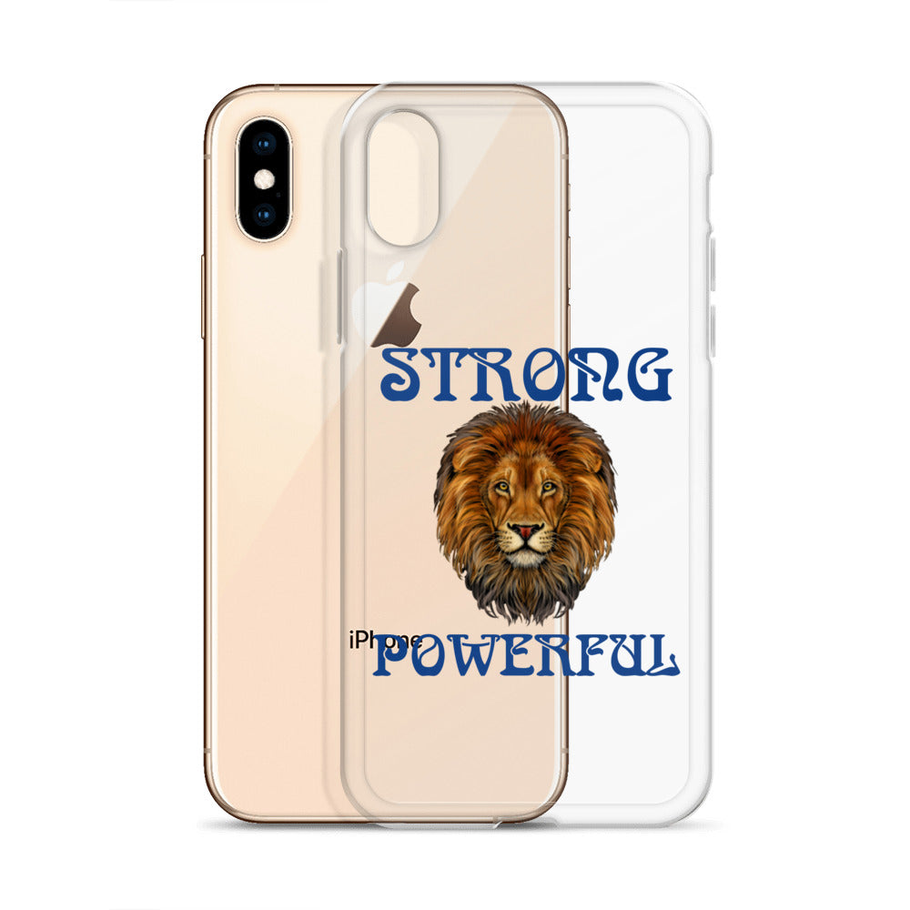 “STRONG,POWERFUL”Clear Case for iPhone® W/Blue Font