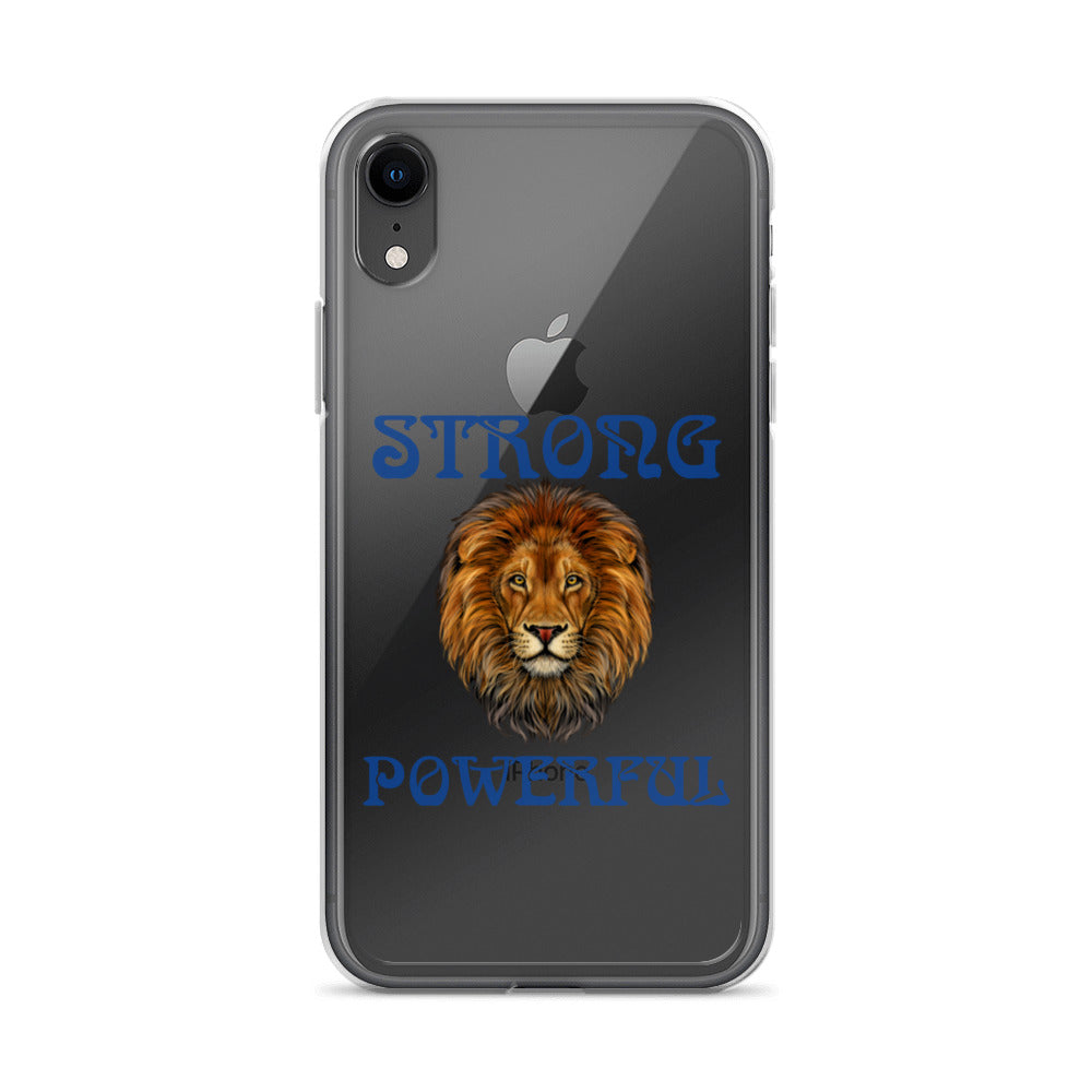 “STRONG,POWERFUL”Clear Case for iPhone® W/Blue Font