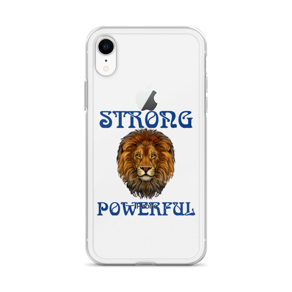 “STRONG,POWERFUL”Clear Case for iPhone® W/Blue Font