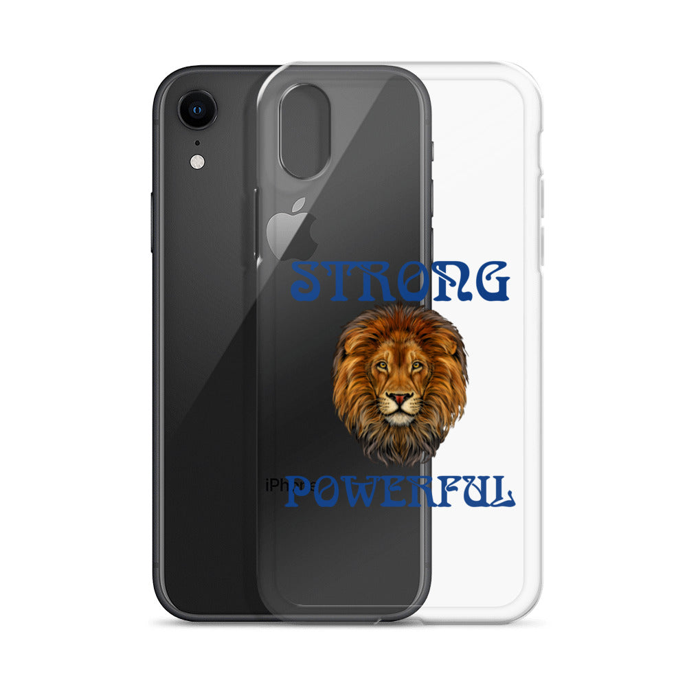 “STRONG,POWERFUL”Clear Case for iPhone® W/Blue Font