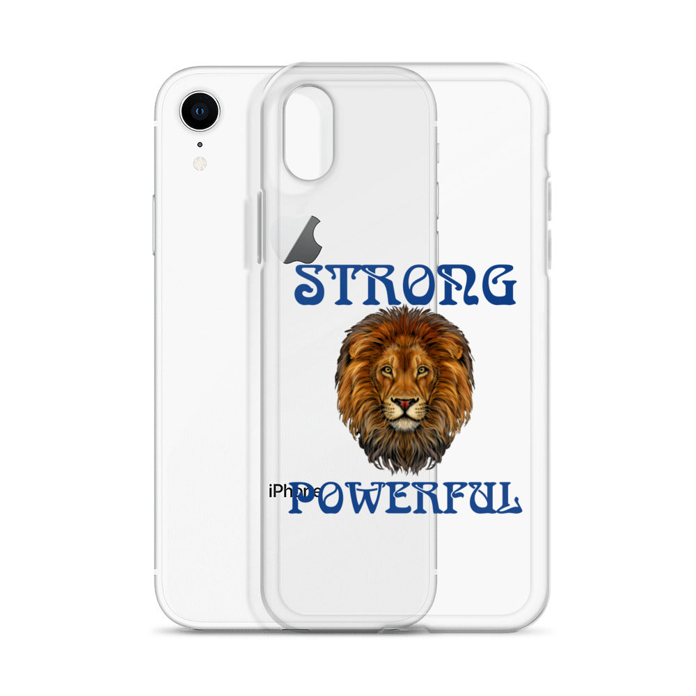 “STRONG,POWERFUL”Clear Case for iPhone® W/Blue Font