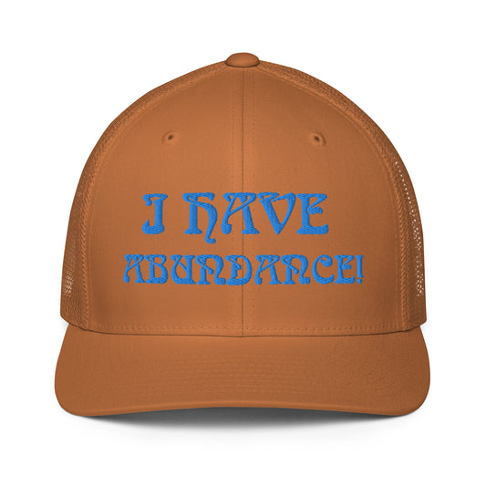 “I HAVE ABUNDANCE!”Caramel Closed-Back Trucker Cap W/Blue Font