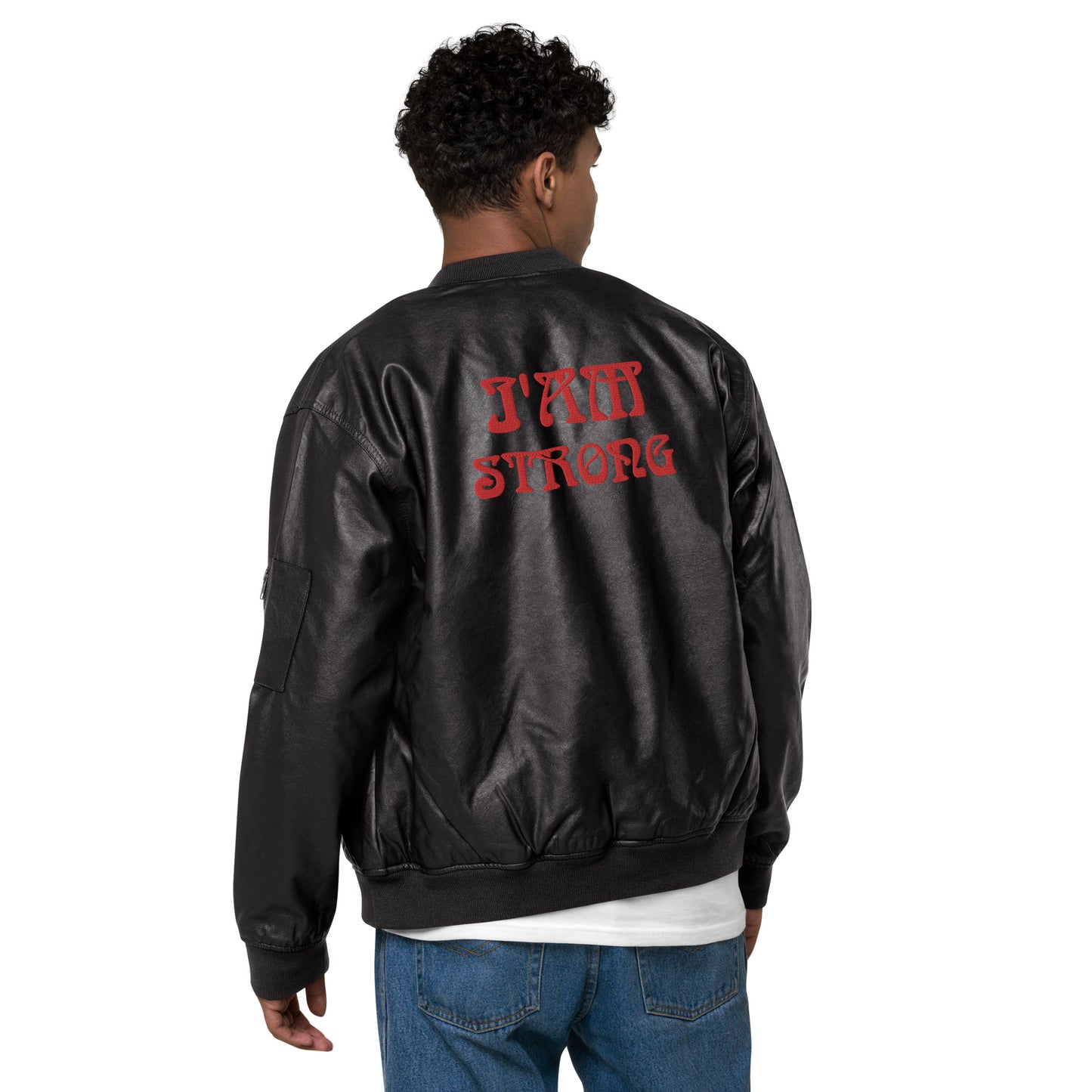 “IAM STRONG”Leather Bomber Jacket W/Red Font