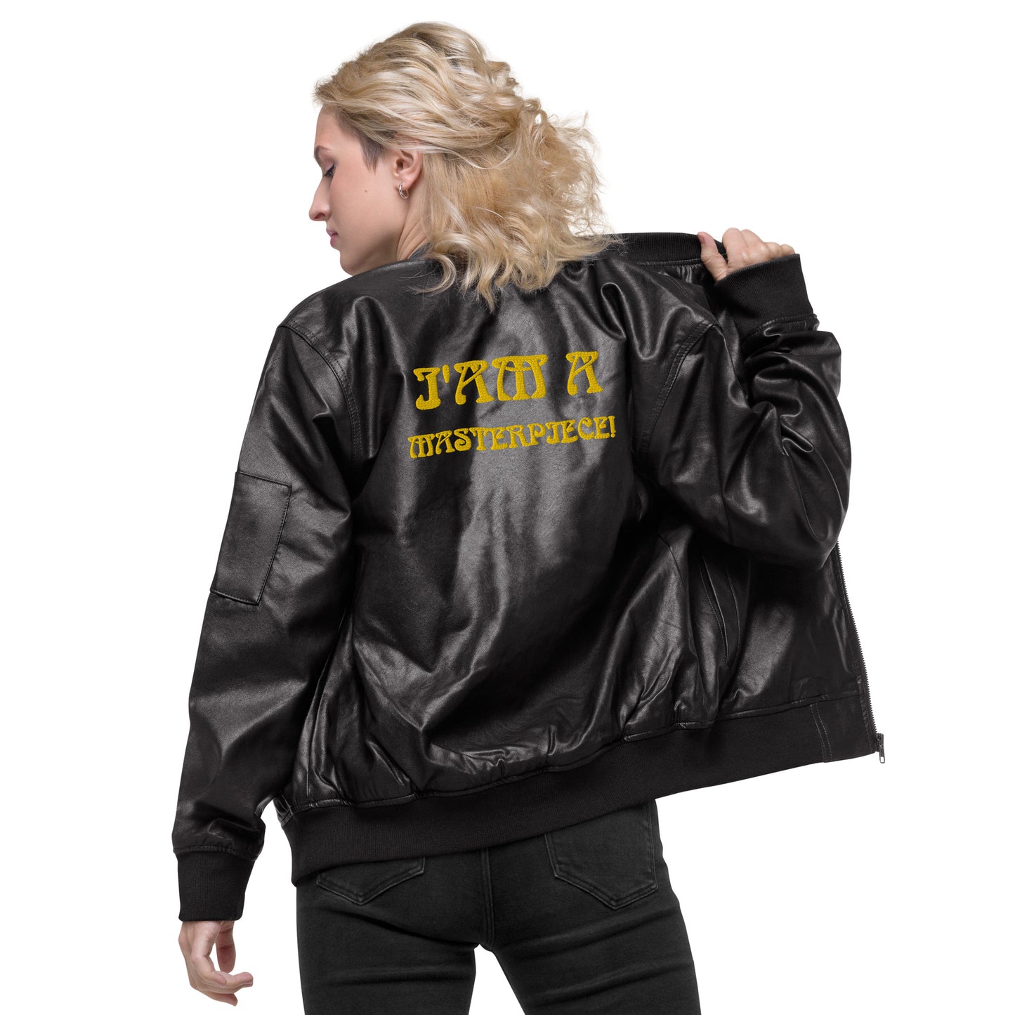 “IAM A MASTERPIECE!”Leather Bomber Jacket W/Yellow Font