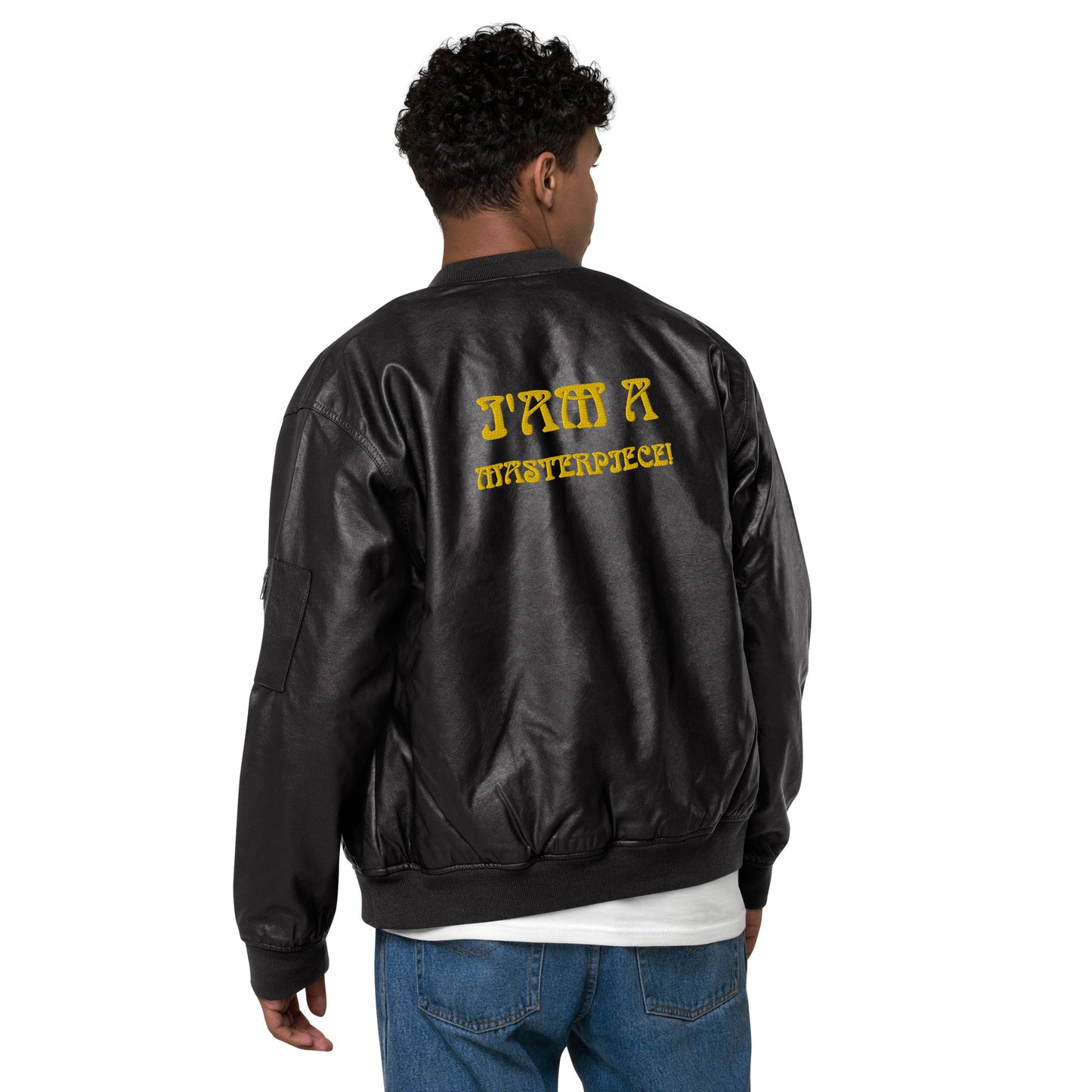 “IAM A MASTERPIECE!”Leather Bomber Jacket W/Yellow Font