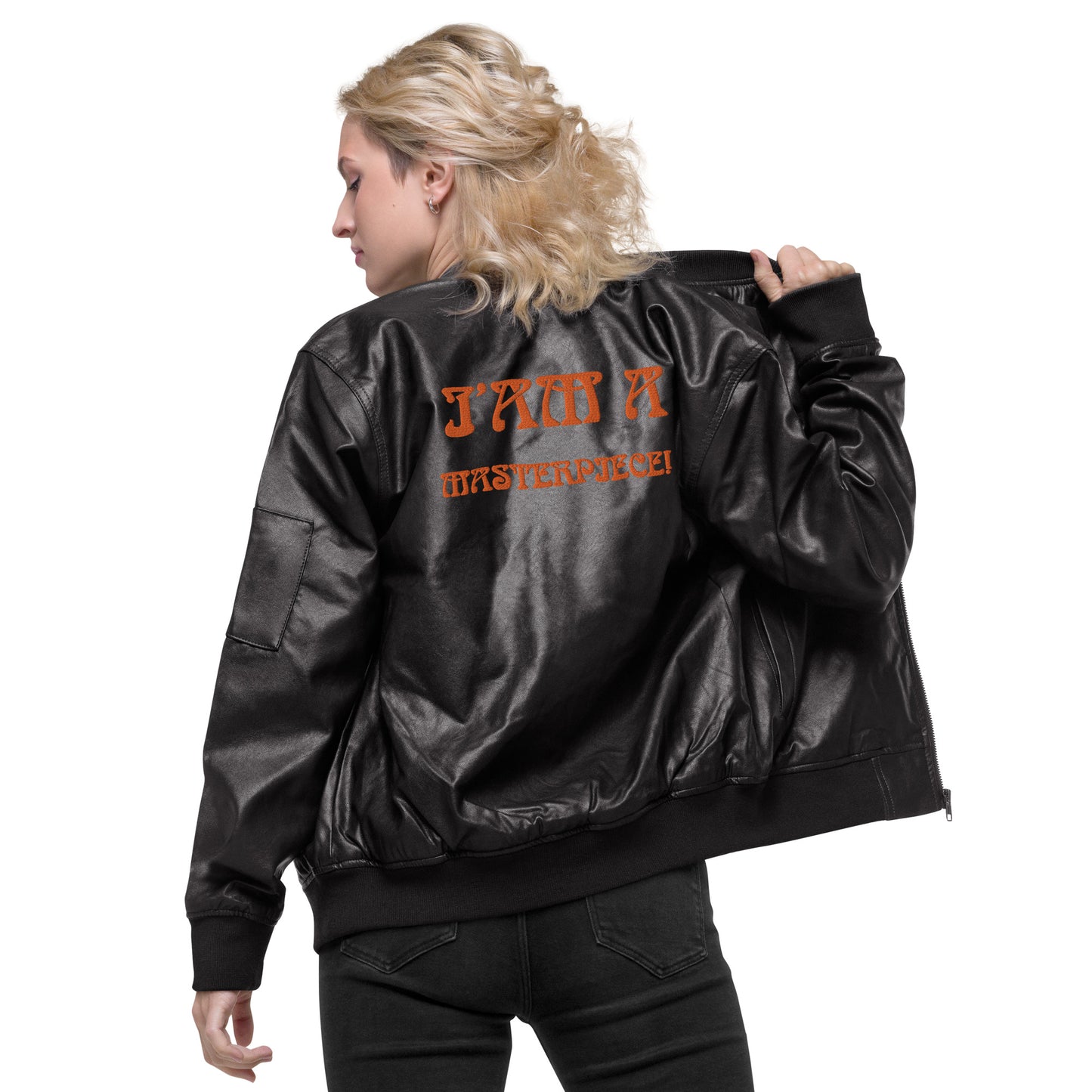 “IAM A MASTERPIECE!"Leather Bomber Jacket W/Orange Font