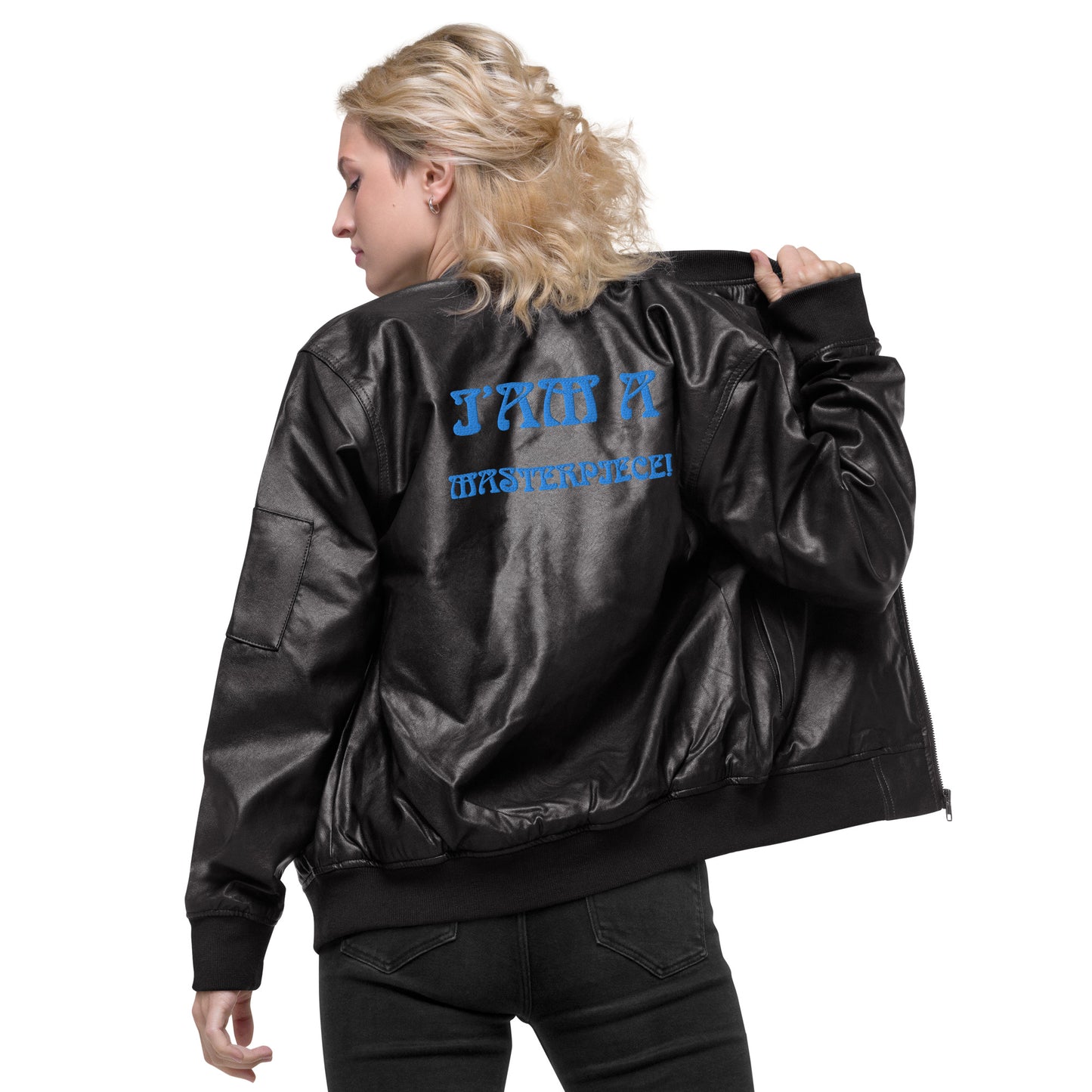 “IAM A MASTERPIECE!”Leather Bomber Jacket W/Blue Font