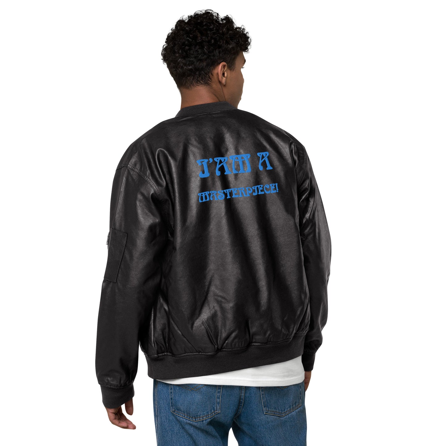 “IAM A MASTERPIECE!”Leather Bomber Jacket W/Blue Font