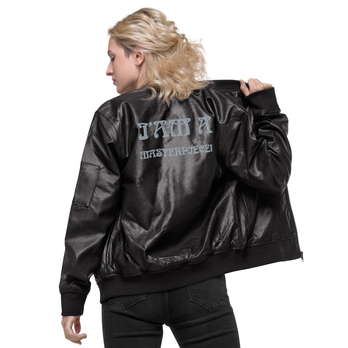 “IAM A MASTERPIECE!”Leather Bomber Jacket W/Grey Font