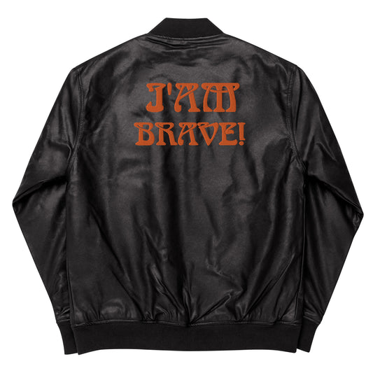 “IAM BRAVE!"Leather Bomber Jacket W/Orange Font