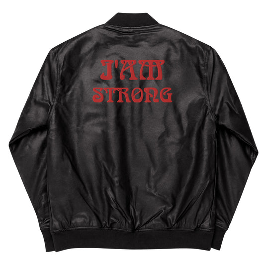 “IAM STRONG”Leather Bomber Jacket W/Red Font