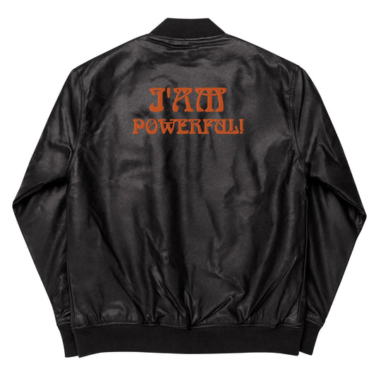 “IAM POWERFUL!”Leather Bomber Jacket W/Orange Font