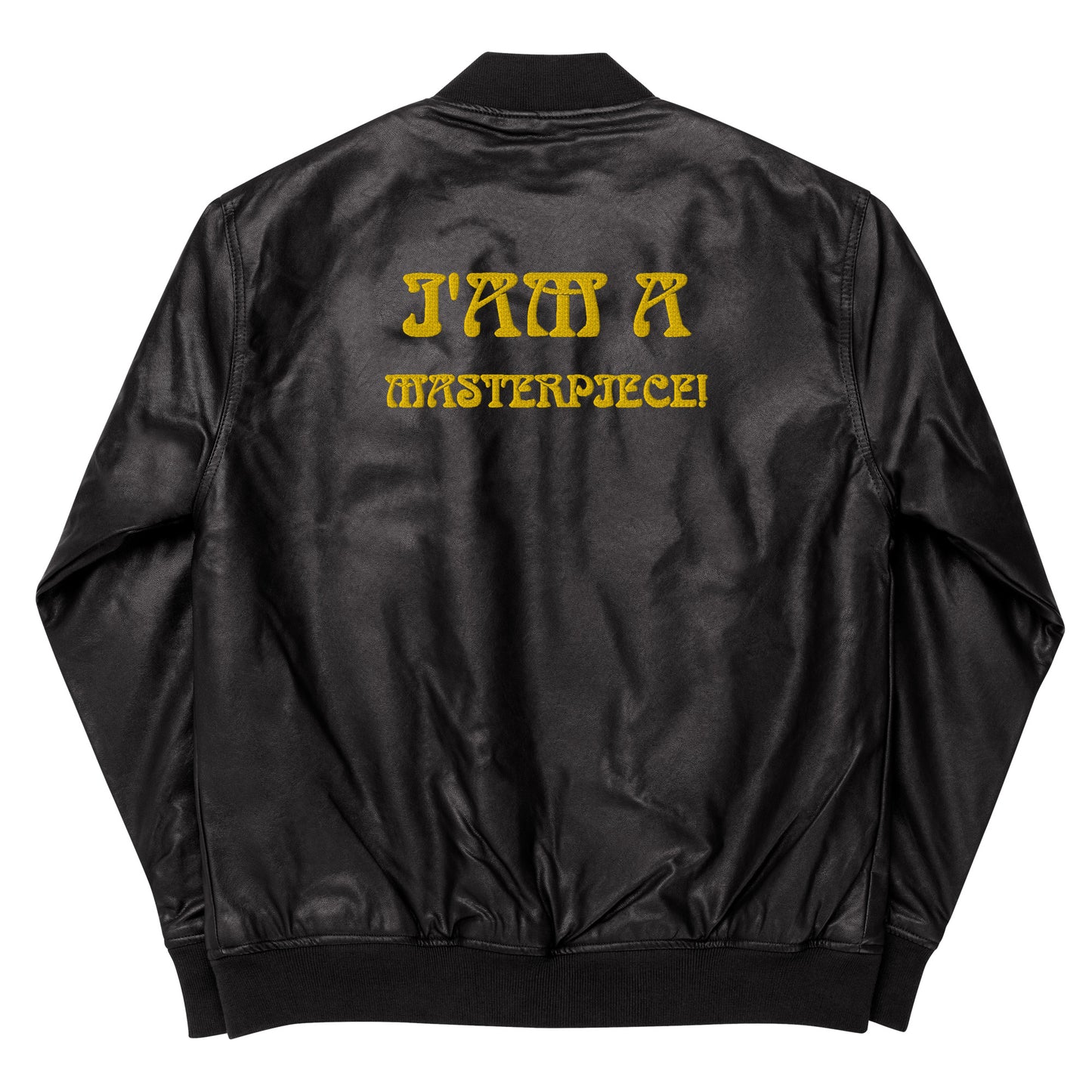 “IAM A MASTERPIECE!”Leather Bomber Jacket W/Yellow Font