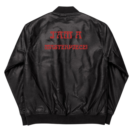 “IAM A MASTERPIECE!”Leather Bomber Jacket W/Red Font