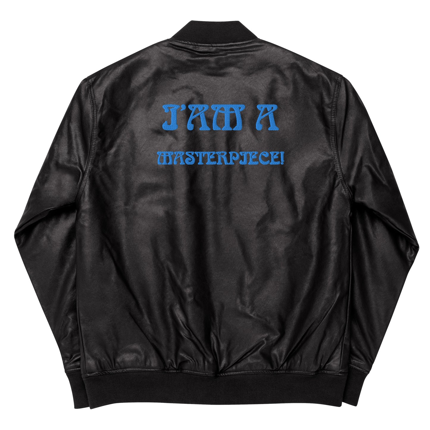 “IAM A MASTERPIECE!”Leather Bomber Jacket W/Blue Font