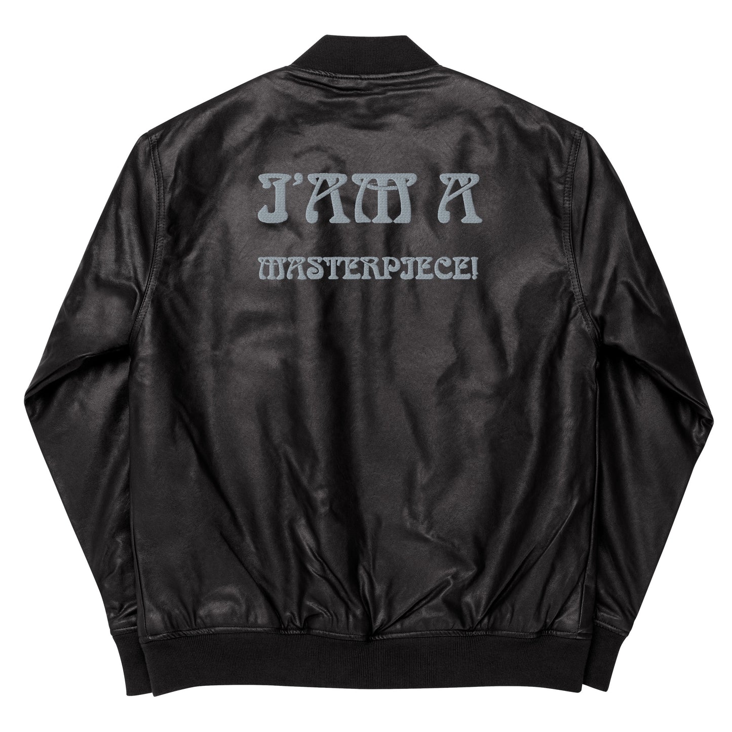 “IAM A MASTERPIECE!”Leather Bomber Jacket W/Grey Font