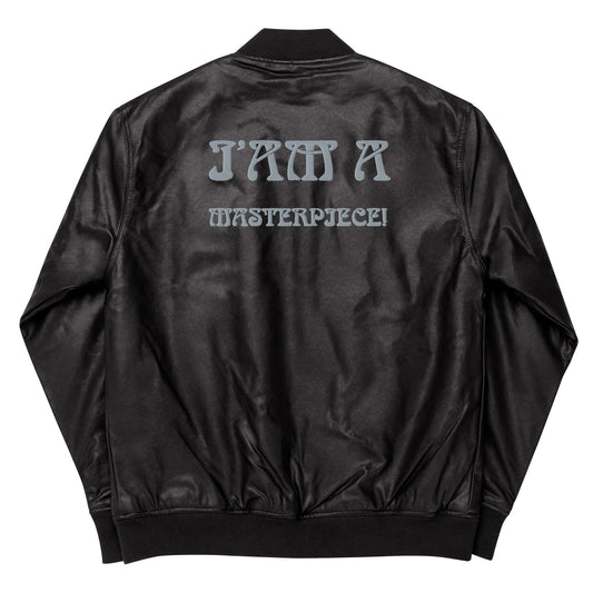 “IAM A MASTERPIECE!”Leather Bomber Jacket W/Grey Font