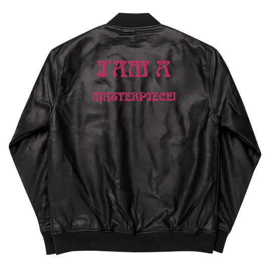 “IAM A MASTERPIECE!”Leather Bomber Jacket W/Flamingo Font