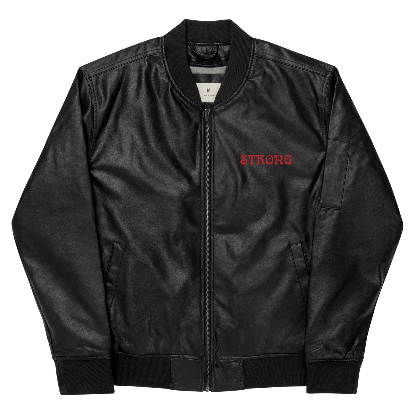 “IAM STRONG”Leather Bomber Jacket W/Red Font