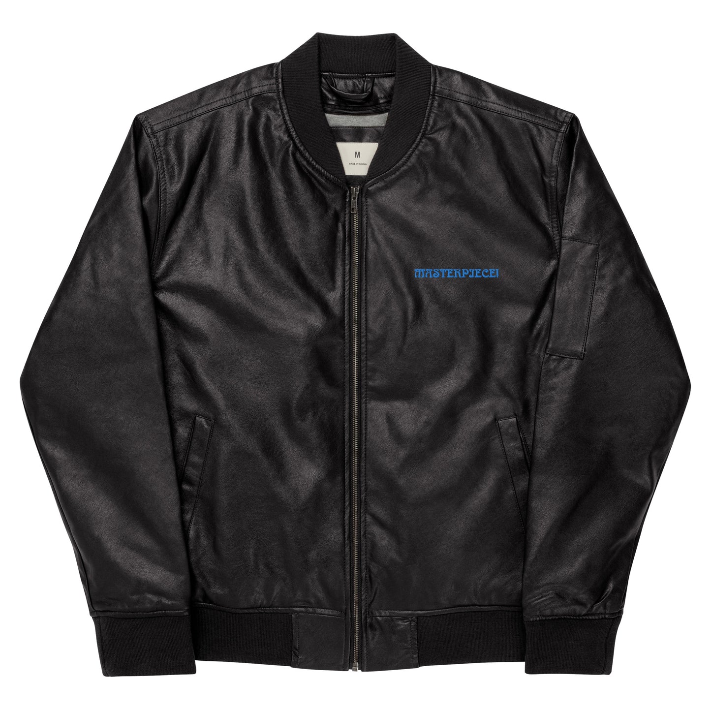 “IAM A MASTERPIECE!”Leather Bomber Jacket W/Blue Font