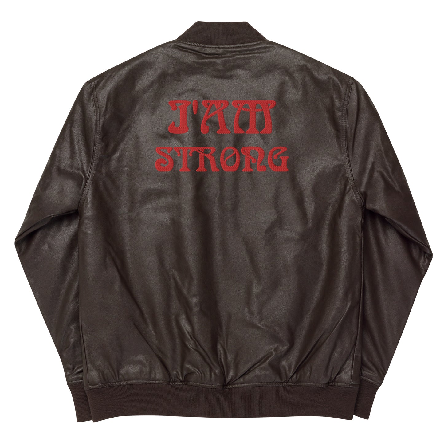 “IAM STRONG”Leather Bomber Jacket W/Red Font