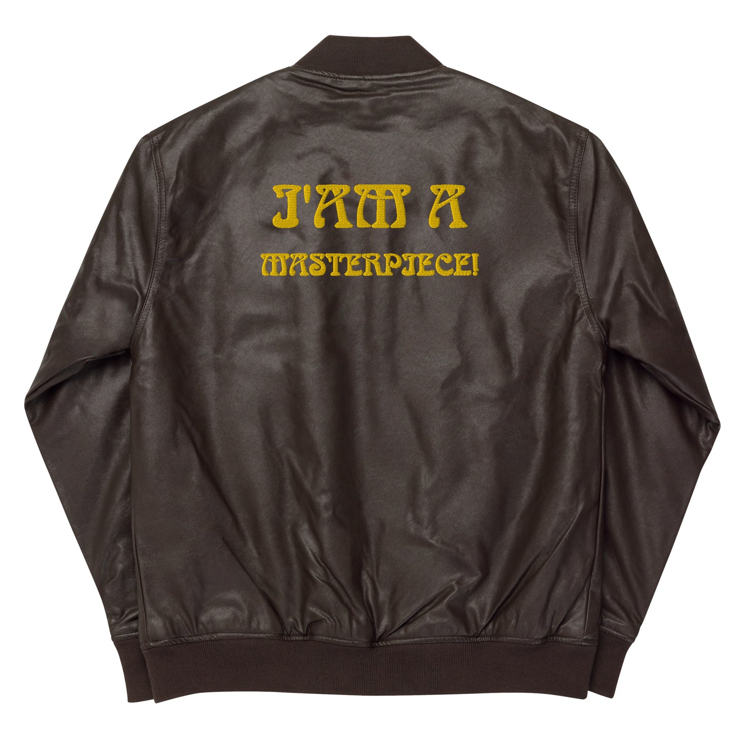 “IAM A MASTERPIECE!”Leather Bomber Jacket W/Yellow Font