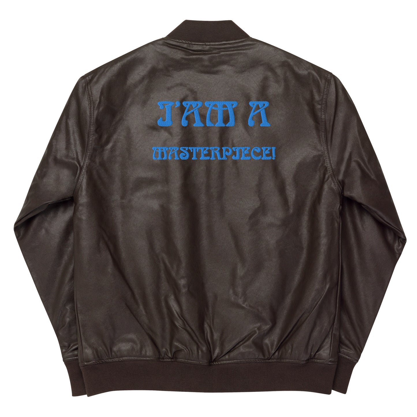 “IAM A MASTERPIECE!”Leather Bomber Jacket W/Blue Font