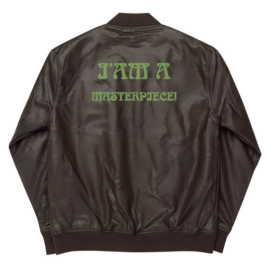 “IAM A MASTERPIECE!"Leather Bomber Jacket W/Lime Green Font