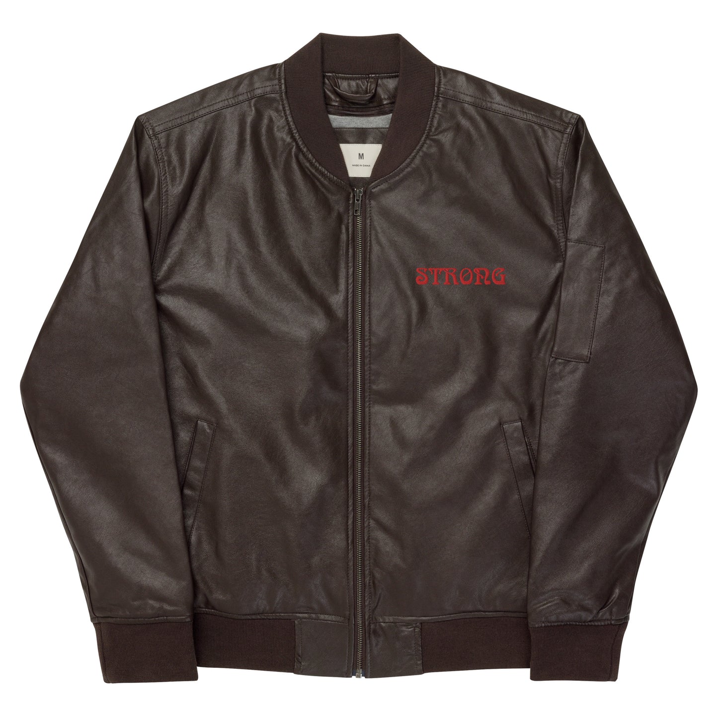 “IAM STRONG”Leather Bomber Jacket W/Red Font