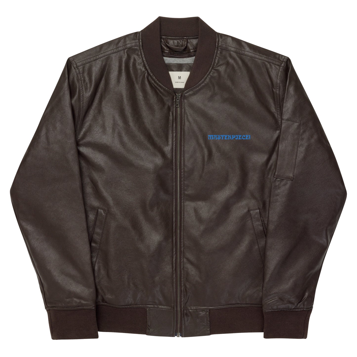 “IAM A MASTERPIECE!”Leather Bomber Jacket W/Blue Font