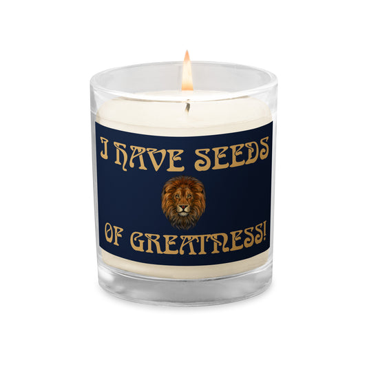 “I HAVE SEEDS OF GREATNESS!”Navy Glass Jar Soy Wax Candle W/Fawn Font (Unscented)