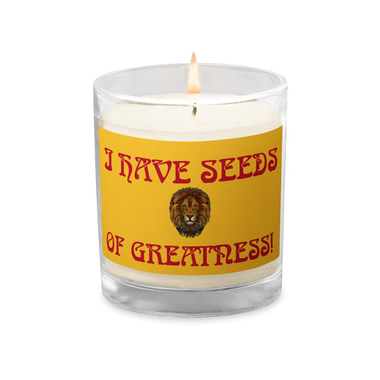 “I HAVE SEEDS OF GREATNESS!”Yellow Glass Jar Soy Wax Candle W/Red Font (Unscented)