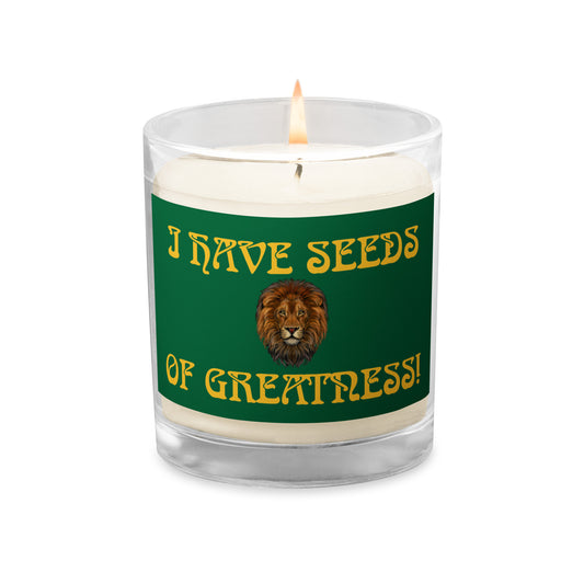 “I HAVE SEEDS OF GREATNESS!”Green Glass Jar Soy Wax Candle W/Yellow Font (Unscented)