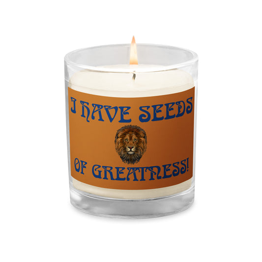 “I HAVE SEEDS OF GREATNESS!”Bronze Glass Jar Soy Wax Candle W/Blue Font (Unscented)