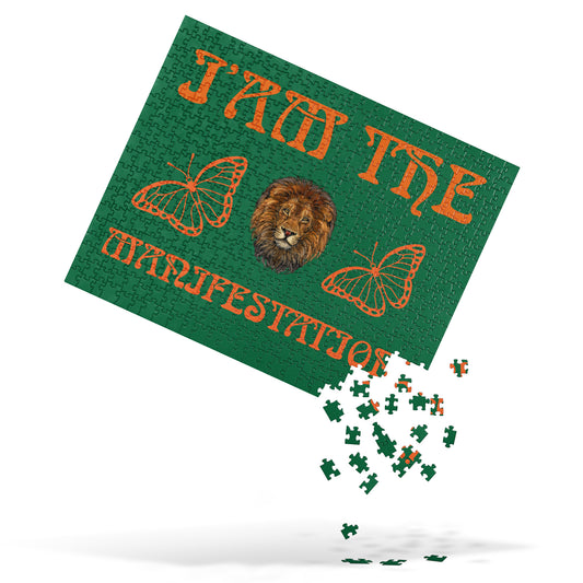 “I’AM THE MANIFESTATION!”Green Jigsaw Puzzle W/Orange Font