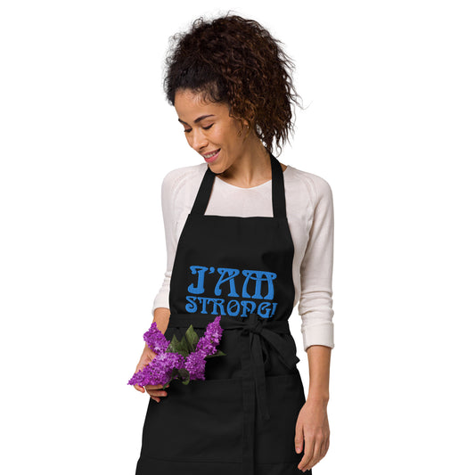 “I’AM STRONG!” Embroidered Organic Cotton Apron W/Blue Font